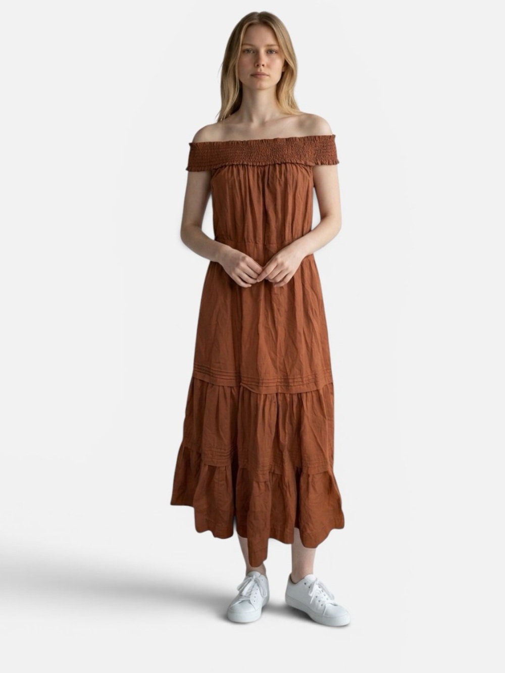 Aura Rust Brown Asymmetrical Tiered Maxi Dress